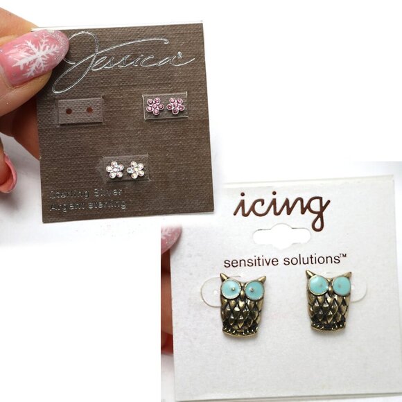 Vintage Jessica Sterling Silver & Brass Owl Earrings Bird Fashion Crystal - Picture 1 of 5